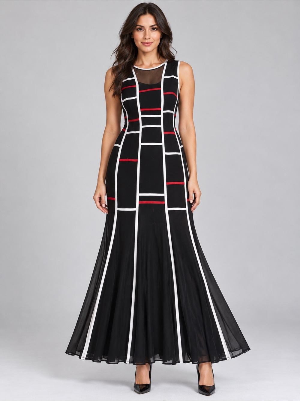 Tadashi Black Maxi Dress with Red & White Detail | Size M